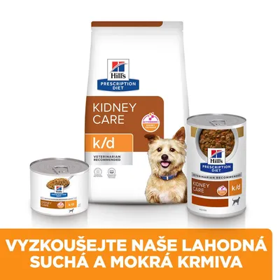 Hill's Prescription Diet Kidney Care k/d suché a mokré krmivo, balenie s dvoma konzervami a jedným vreckom. Text: VYZKOUŠEJTE NAŠE LAHODNÁ SUCHÁ A MOKRÁ KRMIVA.
