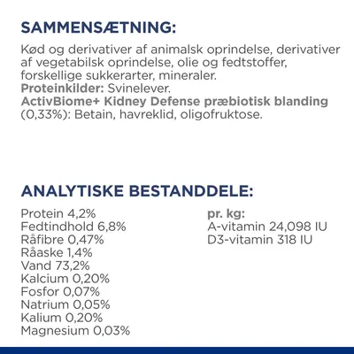 Sammensætning: kød og derivater af animalsk oprindelse, svinelever, ActivBiome+ Kidney Defense præbiotisk blanding. Analytiske bestanddele: protein 4,2 %, fedt 6,8 %, vand 73,2 % m.m.
