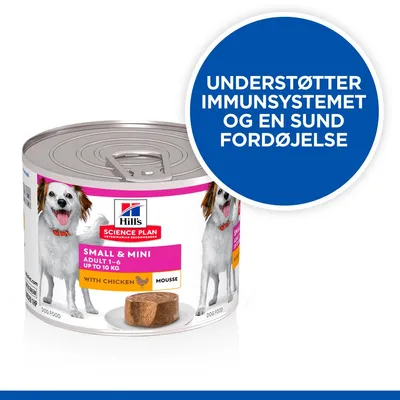 Hill's Science Plan Small & Mini Adult 1–6 up to 10 kg with Chicken Mousse hundefoder. Tekst: Understøtter immunsystemet og en sund fordøjelse.