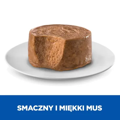 Smaczny i miękki mus – widoczna porcja karmy w formie musu na białym talerzu, z napisem „Smaczny i miękki mus” poniżej.