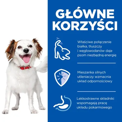 Główne korzyści: właściwe połączenie białka, tłuszczy i węglowodanów daje psom energię; silne utleniacze wzmacniają odporność; lekkostrawne składniki wspomagają układ pokarmowy.