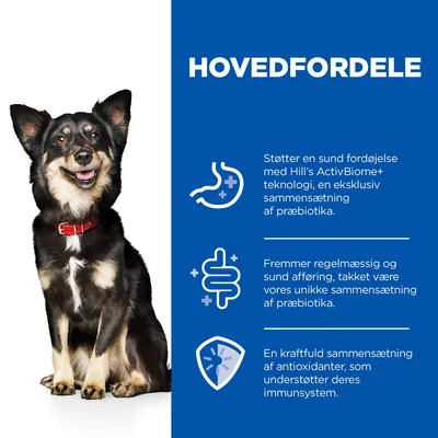 HOVEDFORDELE: Støtter en sund fordøjelse med Hill’s ActivBiome+ teknologi, fremmer regelmæssig og sund afføring, kraftfuld sammensætning af antioxidanter til immunforsvar.
