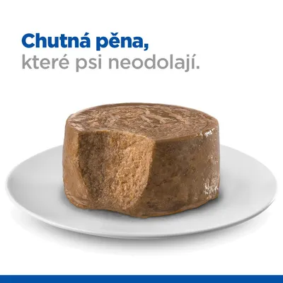 Chutná pěna, které psi neodolají. Na talíři je porce pěnového krmiva pro psy s odkrojenou částí.