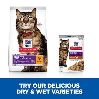 Hill's Science Plan Sensitive Stomach & Skin Adult 1+ torrfoder med kyckling och våtfoder med kalkon. Text: Try our delicious dry & wet varieties.
