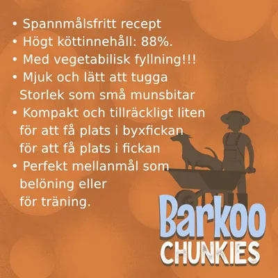 Spannmålsfritt recept, köttinnehåll 88 %, med vegetabilisk fyllning, små munsbitar, kompakt storlek, perfekt mellanmål. Barkoo Chunkies.