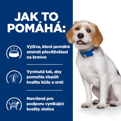 Jak to pomáhá: Výživa, která pomáhá zmírnit přecitlivělost na krmivo. Vyvinutá tak, aby pomohla zlepšit kvalitu kůže a srsti. Navržená pro podporu vynikající kvality stolice.