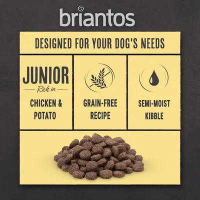 Junior food rich in chicken and potato, grain-free recipe, semi-moist kibble. Designed for your dog's needs. Image shows brown kibble pieces.
