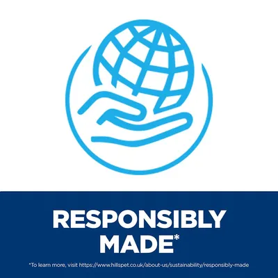 RESPONSIBLY MADE* – текст на английски, обозначаващ отговорно производство. Включен е линк за повече информация: hillspet.co.uk/about-us/sustainability/responsibly-made