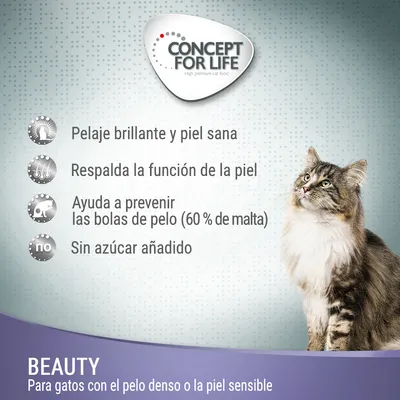 Concept for Life. Pelaje brillante y piel sana, respalda la función de la piel, ayuda a prevenir bolas de pelo (60 % de malta), sin azúcar añadido. Beauty para gatos con pelo denso o piel sensible.