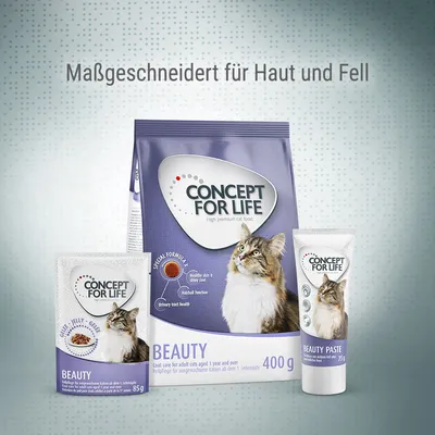 Concept for Life Beauty. Räätälöity ihoille ja turkille. Kuivaruoka 400g, märkäruoka 85g, tahna 75g aikuisille kissoille 1. ikävuodesta alkaen.