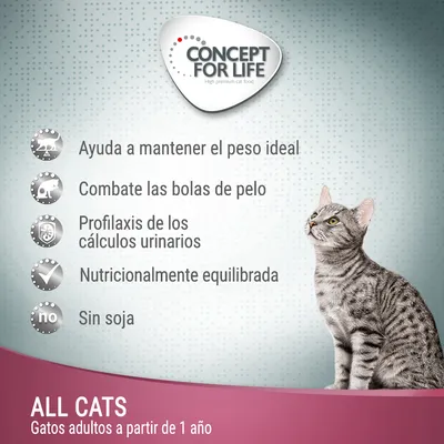 Concept for Life. Ayuda a mantener el peso ideal, combate las bolas de pelo, profilaxis de los cálculos urinarios, nutricionalmente equilibrada, sin soja. All Cats, gatos adultos a partir de 1 año.
