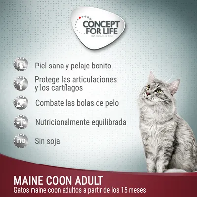 Concept for Life Maine Coon Adult. Piel sana y pelaje bonito, protege las articulaciones y cartílagos, combate bolas de pelo, nutricionalmente equilibrada, sin soja. Para gatos maine coon adultos desde 15 meses.