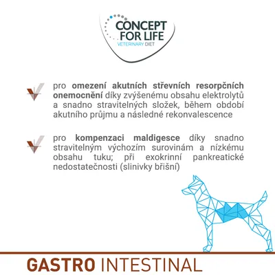 CONCEPT FOR LIFE VETERINARY DIET GASTRO INTESTINAL, informace: omezení akutních střevních onemocnění, kompenzace maldigesce, text o složení a použití při pankreatické nedostatečnosti.