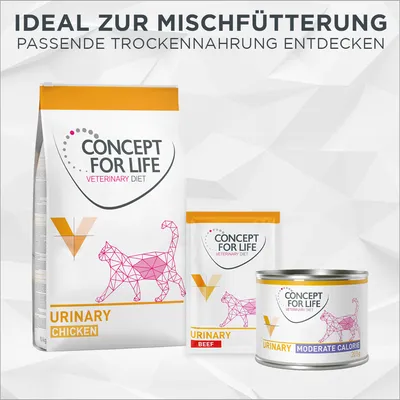 Concept for Life Veterinary Diet Urinary. Ideal zur Mischfütterung: Passende Trocken- und Nassnahrung entdecken. Varianten: Chicken, Beef, Moderate Calorie.