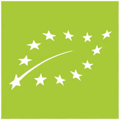 Unijne logo rolnictwa ekologicznego. Zielone tło z białymi gwiazdkami w kształcie liścia.