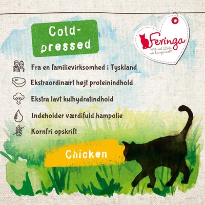 Feringa Cold-pressed. Fra en familievirksomhed i Tyskland, ekstraordinært højt proteinindhold, ekstra lavt kulhydratindhold, indeholder værdifuld hampolie, kornfri opskrift, Chicken.