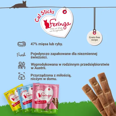 Feringa Cat Sticks. 47% mięsa lub ryby, pojedynczo zapakowane, wyprodukowane w rodzinnym przedsiębiorstwie w Austrii. Przyrządzone z miłością, niczym w domu. Grain-free recipe.