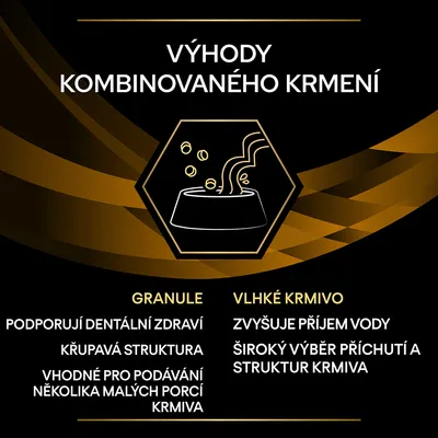 Výhody kombinovaného krmení: granule – podporují dentální zdraví, křupavá struktura, vhodné pro podávání několika malých porcí; vlhké krmivo – zvyšuje příjem vody, široký výběr příchutí a struktur.