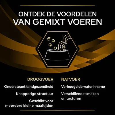 Ontdek de voordelen van gemixt voeren. Droogvoer: ondersteunt tandgezondheid, knapperige structuur, geschikt voor meerdere kleine maaltijden. Natvoer: verhoogd de waterinname, verschillende smaken en texturen.