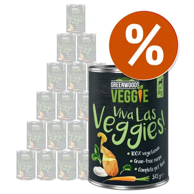 GREENWOODS VEGGIE Viva Las Veggies! 100% vegetarian, grain-free recipe, complete pet food per cani adulti, 375 g. Immagine con simbolo percentuale che indica offerta.