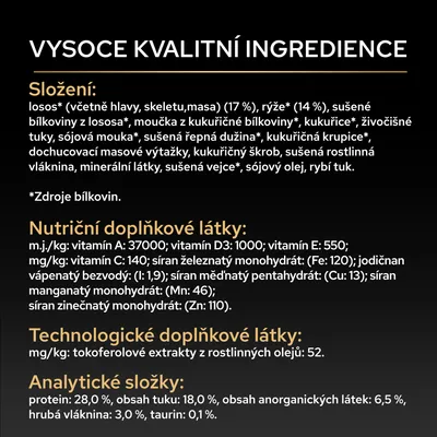 Přísady: losos 17 %, rýže 14 %, živočišné a rostlinné bílkoviny, vitaminy A, D3, E, C, minerální látky, bílkoviny 28 %, tuk 18 %, hrubá vláknina 3 %, taurin 0,1 %. Přísady: losos 17 %, rýže 14 %, živočišné a rostlinné bílkoviny, vitaminy A, D3, E, C, minerální látky, bílkoviny 28 %, tuk 18 %, hrubá vláknina 3 %, taurin 0,1 %.