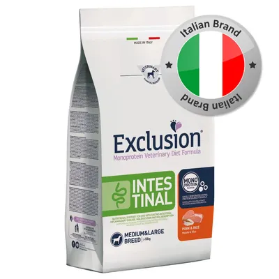 Sacchetto Exclusion Monoprotein Veterinary Diet Formula Intestinal per cani taglia media e grande, visibile scritta 'Pork & Rice', marchio Italian Brand, Made in Italy.