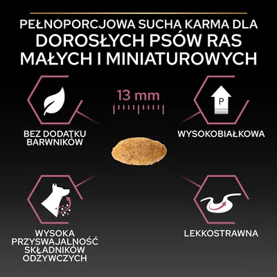 Pełnoporcjowa sucha karma dla dorosłych psów ras małych i miniaturowych, 13 mm, bez dodatku barwników, wysokobiałkowa, wysoka przyswajalność składników, lekkostrawna.