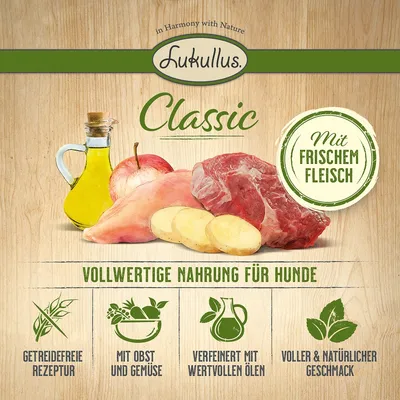Lukullus Classic, Mit Frischem Fleisch. Vollwertige Nahrung für Hunde. Getreidefreie Rezeptur, mit Obst und Gemüse, verfeinert mit wertvollen Ölen, voller & natürlicher Geschmack. Texte en allemand.