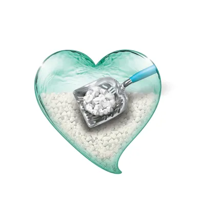 Pelletteuse métallique à manche bleu remplie de litière blanche, posée dans un récipient en forme de cœur contenant la même litière.