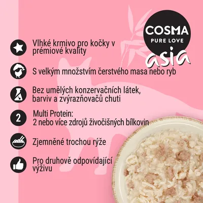 COSMA PURE LOVE asia. Vlhké krmivo pro kočky, prémiová kvalita, čerstvé maso nebo ryby, bez konzervantů a barviv, více zdrojů bílkovin, s rýží, pro druhově odpovídající výživu.