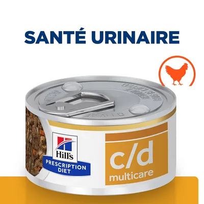 Boîte Hill's Prescription Diet c/d Multicare, texte visible : SANTÉ URINAIRE, illustration poulet sur l’emballage.