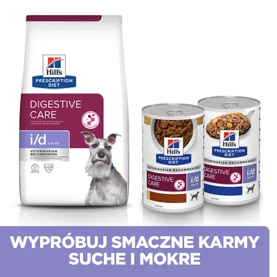 Hill's Prescription Diet Digestive Care i/d low fat dla psów, opakowanie suchej karmy oraz dwie puszki mokrej karmy. Widoczny pies rasy sznaucer na opakowaniu.