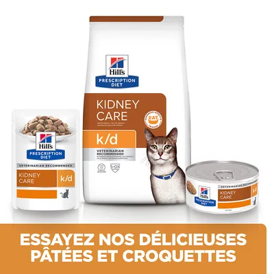 Hill’s Prescription Diet Kidney Care k/d pour chats, sachet, sac et boîte visibles. Texte : Essayez nos délicieuses pâtées et croquettes. VETERINARIAN RECOMMENDED, S+OX SHIELD.