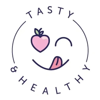 TASTY & HEALTHY text with a pink heart-shaped fruit, green leaves, and a smiling face illustration