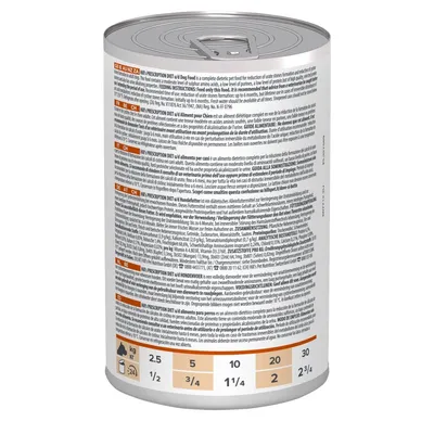 Ruokintaohje koiran painon mukaan: 2,5 kg – ½ purkkia, 5 kg – ¾, 10 kg – 1¼, 20 kg – 2, 30 kg – 2¾. Useita kieliä sisältävä tuoteseloste koiran märkäruokapurkin kyljessä.