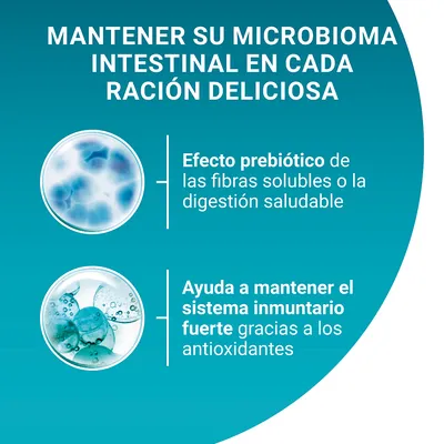 Mantener su microbioma intestinal en cada ración deliciosa. Efecto prebiótico de las fibras solubles o la digestión saludable. Ayuda a mantener el sistema inmunitario fuerte gracias a los antioxidantes.