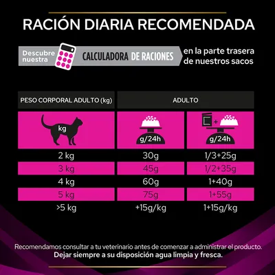 Tabla de ración diaria recomendada para gatos adultos: 2 kg 30 g, 3 kg 45 g, 4 kg 60 g, 5 kg 75 g, más de 5 kg añadir 15 g por kg. Incluye equivalencias con comida húmeda.