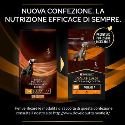Nuova confezione Purina Pro Plan Veterinary Diets OM Obesity Management per cani, progettata per essere riciclabile. Testo: 'La nutrizione efficace di sempre'.