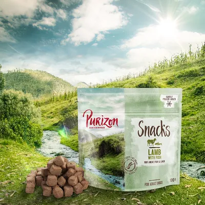 Confezione di Purizon Snacks Lamb with Fish 100 g per cani adulti, visibile testo: 'Gently freeze-dried', '100% meat, fish & liver', con snack a cubetti davanti alla confezione.