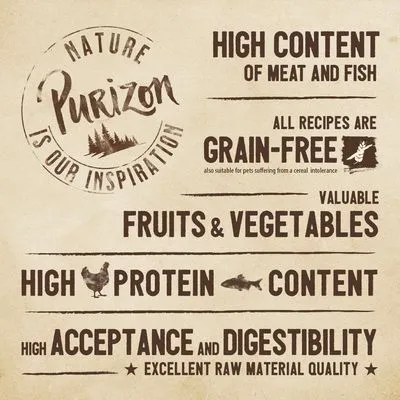 Purizon. Nature is our inspiration. High content of meat and fish. All recipes are grain-free. Valuable fruits & vegetables. High protein content. High acceptance and digestibility.