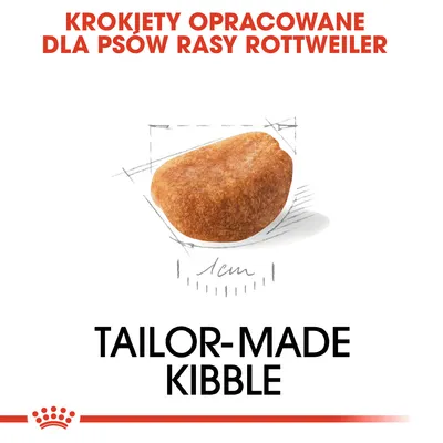 Krokiety opracowane dla psów rasy Rottweiler, ilustracja krokieta o średnicy 1 cm, napis: TAILOR-MADE KIBBLE.
