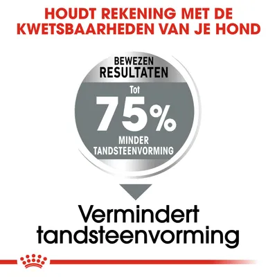 Houdt rekening met de kwetsbaarheden van je hond. Bewezen resultaten: tot 75% minder tandsteenvorming. Vermindert tandsteenvorming.