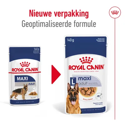 Royal Canin maxi adult 140g, nieuwe verpakking en geoptimaliseerde formule zichtbaar. Vergelijking oude en nieuwe verpakking met Duitse herder en productnaam op beide zakjes.