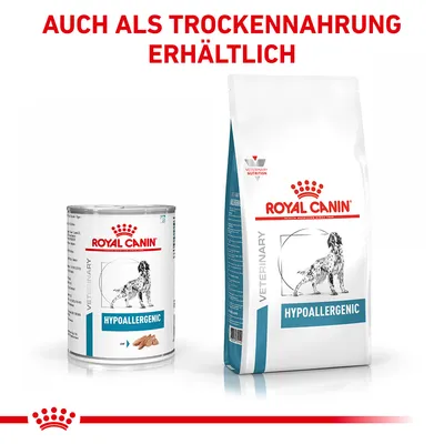 Royal Canin Hypoallergenic Nass- und Trockenfutter für Hunde. Hinweis: Auch als Trockennahrung erhältlich.