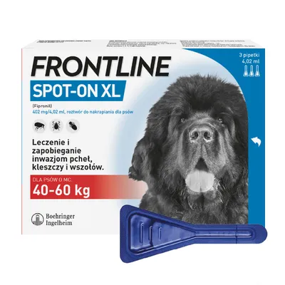 FRONTLINE SPOT-ON XL, 3 pipetki po 4,02 ml dla psów 40–60 kg. Leczenie i zapobieganie inwazjom pcheł, kleszczy i wszołów. Boehringer Ingelheim.