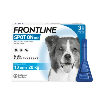Frontline Spot On for dogs over 10 up to 20 kg, kills fleas, ticks and lice, contains 3 pipettes of 1.34 ml each, Fipronil 134 mg.