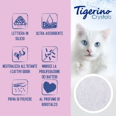 Tigerino Crystals lettiera in silicio, ultra assorbente, neutralizza i cattivi odori, inibisce la proliferazione dei batteri, priva di polvere, al profumo di borotalco.