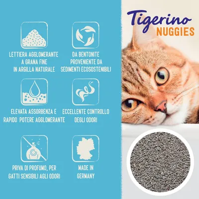 Tigerino Nuggies. Lettiera agglomerante a grana fine in argilla naturale, da bentonite ecosostenibile, elevata assorbenza, controllo odori, priva di profumo, made in Germany.