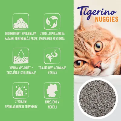 Tigerino Nuggies. Drobnozrnati sprijemljivi naravni glineni mačji pesek, iz okolju prijaznega bentonita, visoka vpojnost, trajno obvladovanje vonjav, z vonjem travnikov, narejeno v Nemčiji.