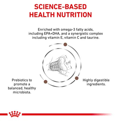 Science-based health nutrition with omega-3 fatty acids, EPA+DHA, vitamin E, vitamin C, taurine, prebiotics for healthy microbiota, and highly digestible ingredients.